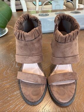 Brown Suede Ankle-Cuff Heeled Sandals